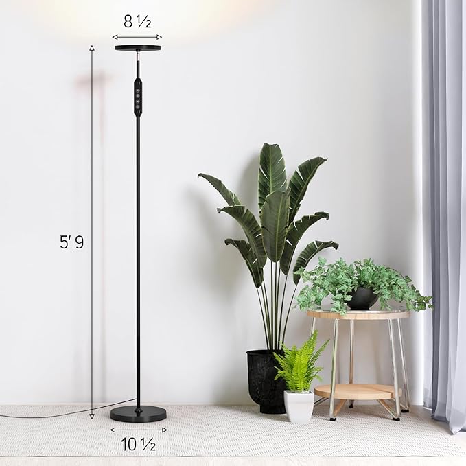 LED Daylight Floor Lamp - Free Standing Lamps for Living Room or Bedroom - 24W Black Modern Uplight Torchiere Stand Light- 3 Dimmable Modes - Natural Day, Warm, Super Bright - Corner Tall Torch Lights - LeafyLoom