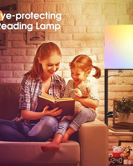 PAZZO Smart RGB Floor lamp with Shelves, Shelf Floor Lamp with Alexa, Solid Wood with 2 Charging Ports and 1 Power Outlet, Modern Standing Lamp for livingroom, Bedroom,Bulb Included,Matt Black - LeafyLoom