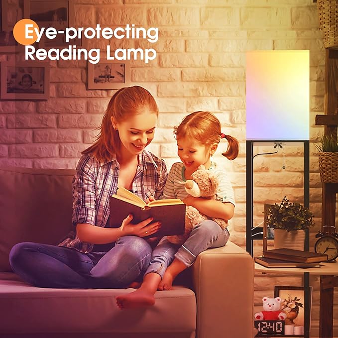 PAZZO Smart RGB Floor lamp with Shelves, Shelf Floor Lamp with Alexa, Solid Wood with 2 Charging Ports and 1 Power Outlet, Modern Standing Lamp for livingroom, Bedroom,Bulb Included,Matt Black - LeafyLoom