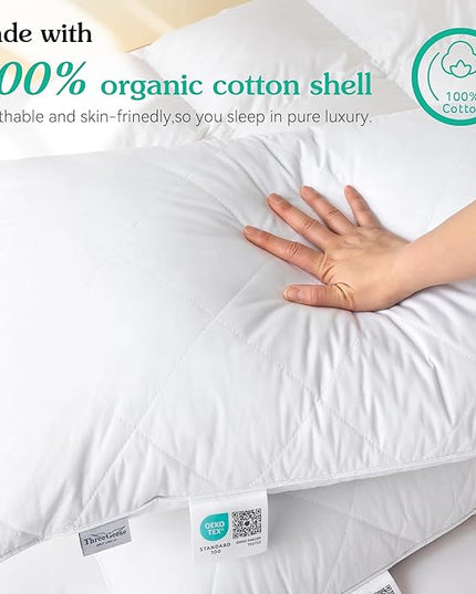 Three Geese White Goose Feather Bed Pillows Queen Size Set of 2- Soft 600 Thread Count 100% Cotton, Medium Firm,Soft Support Surround Fill Polyester (Queen Size:Pack of 2) - LeafyLoom