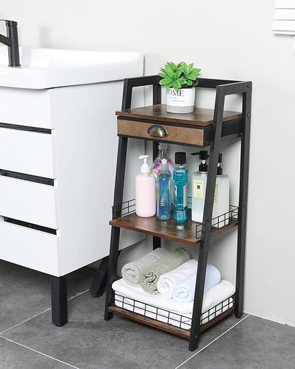 keomaisyto 3-Tier Bathroom Ladder Shelf, Bathroom Floor Storage Shelf with Drawer, Freestanding Tower Shelf, Open Shelving Unit for Bathroom Living Room Balcony - LeafyLoom