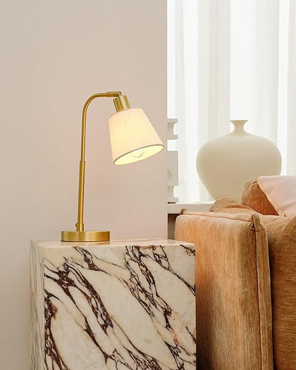 Globe Electric 61000057 16" Desk Lamp, Matte Brass Finish, White Linen Shade, Pivot Joint, On/Off Rotary Switch on Socket, E26 Base Bulb, Lamp for Living Room, Home Office, Home Improvement - LeafyLoom