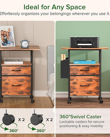 Mobile File Cabinet, 2 Fabric Drawer Filing Cabinet with Side Bag, Rolling Storage Organizer for Home Office, Vertical Printer Stand, Fits A4/Letter Size (Rustic Brown) - LeafyLoom
