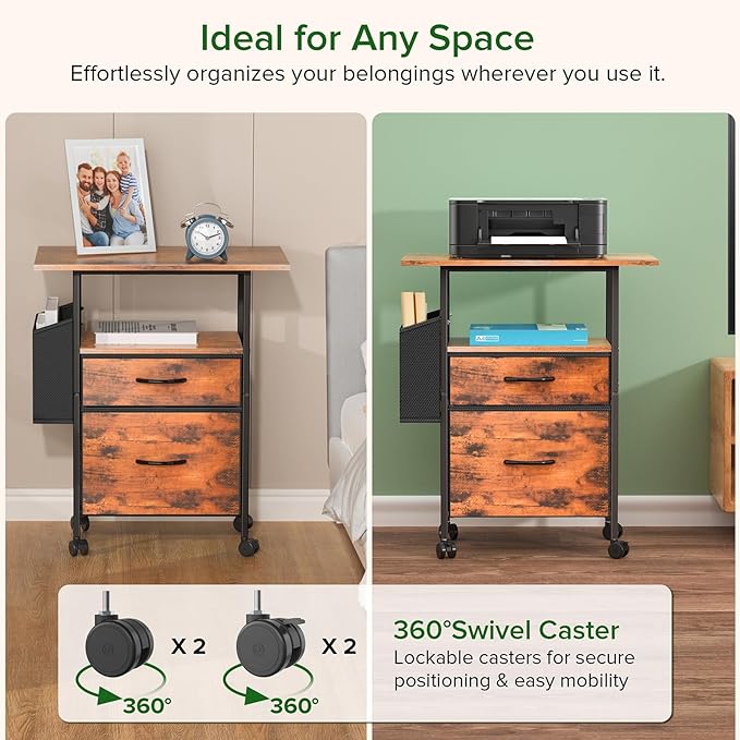 Mobile File Cabinet, 2 Fabric Drawer Filing Cabinet with Side Bag, Rolling Storage Organizer for Home Office, Vertical Printer Stand, Fits A4/Letter Size (Rustic Brown) - LeafyLoom
