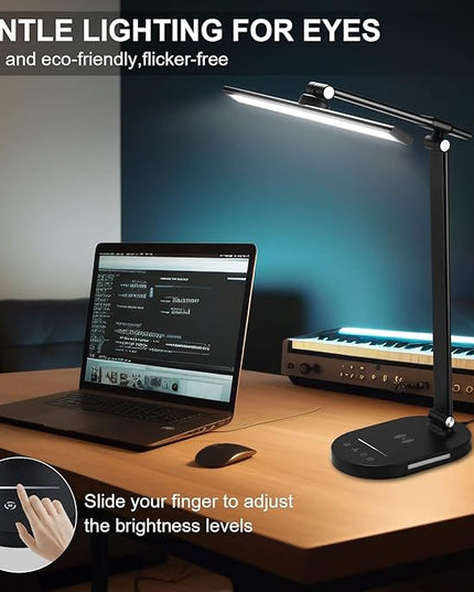 LED Desk Lamp with Wireless Charger, USB Charging Port, Touch Control, 5 Color Modes, 5 Brightness Level, Eye-Caring Desk Lamp for Study Reading, 1H Timer, Home Office Table Lamp - LeafyLoom