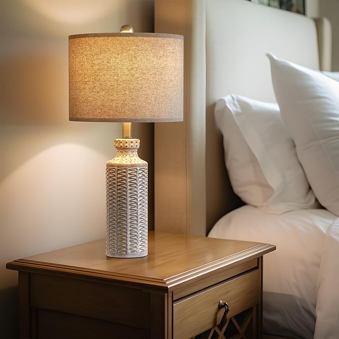 24.75'' Farmhouse Ceramic Table Lamp Set of 2 for Bedroom Living Room Vintage Traditional Rustic Modern White Nightstand Bedside Lamps - LeafyLoom