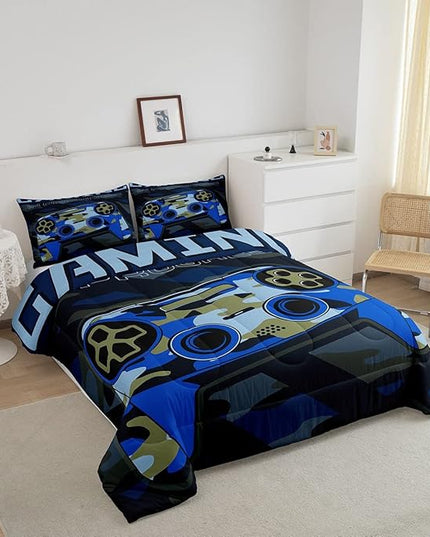 Boys Gamepad Comforter Set Full Size Teens Gamer Bedding Set Retro Blue Camouflage Video Game Controller Comforter for Kids Youth Bedroom Decor Gamer Console Action Buttons Duvet Set Microfiber - LeafyLoom
