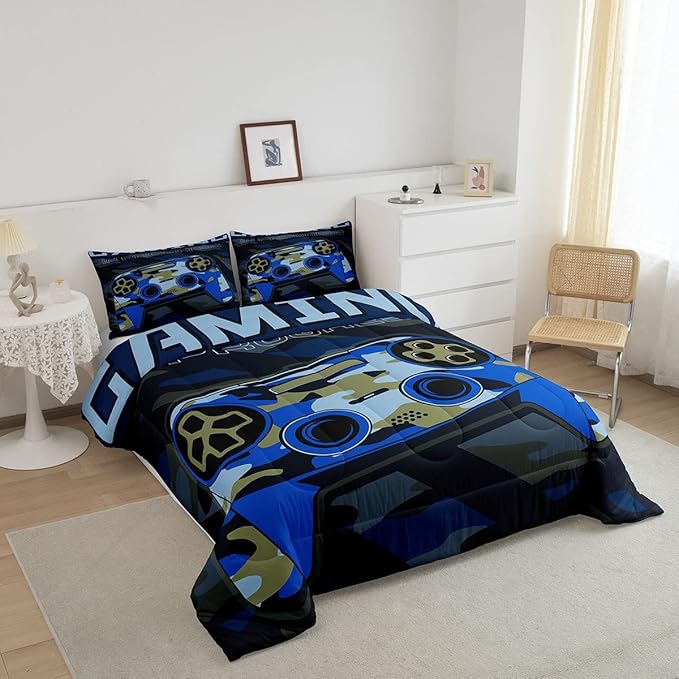 Feelyou Boys Gaming Comforter Set King Size Teens Gamer Bedding Set Retro Blue Camouflage Video Game Controller Comforter for Kids Decor Gamer Console Action Buttons Duvet Set Microfiber Boys - LeafyLoom