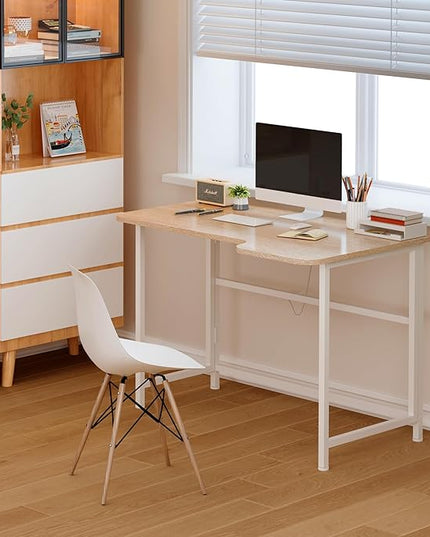 4NM 35.4" Small L Shaped Desk, Folding Computer Desk Home Office Desk, Foldable Bed Desk for Laptop for Small Space Offices - Natural and White - LeafyLoom