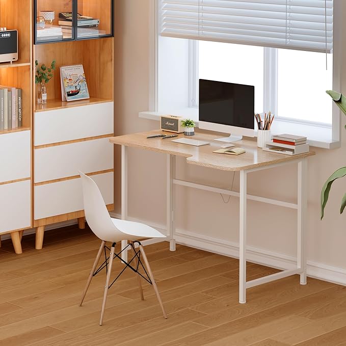 4NM 35.4" Small L Shaped Desk, Folding Computer Desk Home Office Desk, Foldable Bed Desk for Laptop for Small Space Offices - Natural and White - LeafyLoom