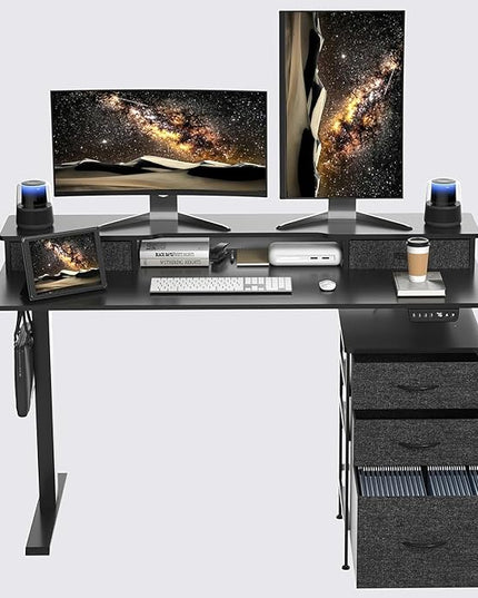 55 Inch Electric Standing Desk with Cabinet & Drawers, Height Adjustable Sit Stand Desk with Monitor Shelf, Smart Home Office Standing Computer Desk, Black - LeafyLoom
