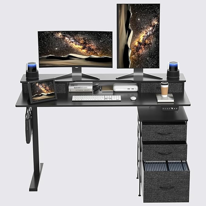 55 Inch Electric Standing Desk with Cabinet & Drawers, Height Adjustable Sit Stand Desk with Monitor Shelf, Smart Home Office Standing Computer Desk, Black - LeafyLoom