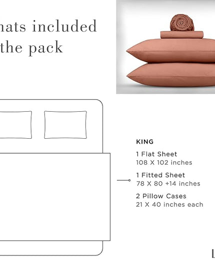 Linen Home Washed Cotton Percale King Sheet Set, Tera Clay, Deep Pocket, 4 Pieces Bed Sheets - 1 Flat Sheet, 1 Fitted Sheet & 2 Envelope Closure Pillowcases, Cool and Comfortable Bed Linen - LeafyLoom