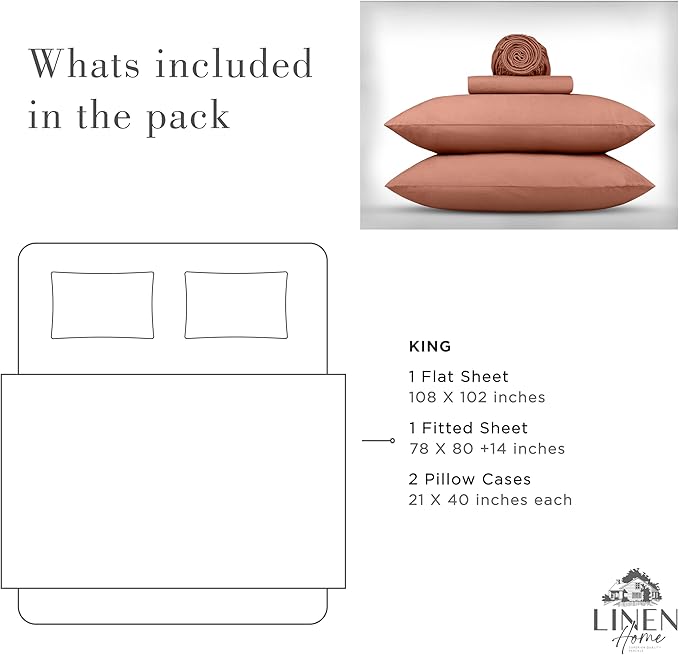 Linen Home Washed Cotton Percale King Sheet Set, Tera Clay, Deep Pocket, 4 Pieces Bed Sheets - 1 Flat Sheet, 1 Fitted Sheet & 2 Envelope Closure Pillowcases, Cool and Comfortable Bed Linen - LeafyLoom