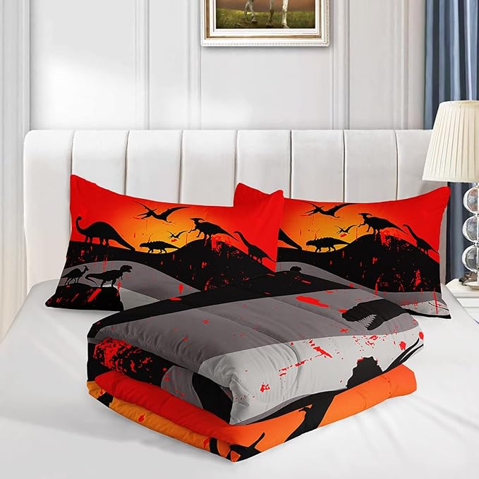 Cartoon Dinosaur Comforter Set Twin 3Pc Kawaii Dinosaur Bedding Set All Season with Tree, Leaf Decoration includes 1 Comforter, 2 Pillowcases for Kids Girls Teens - LeafyLoom