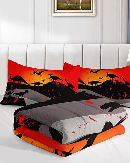 Cartoon Dinosaur Comforter Set Twin 3Pc Kawaii Dinosaur Bedding Set All Season with Tree, Leaf Decoration includes 1 Comforter, 2 Pillowcases for Kids Girls Teens - LeafyLoom