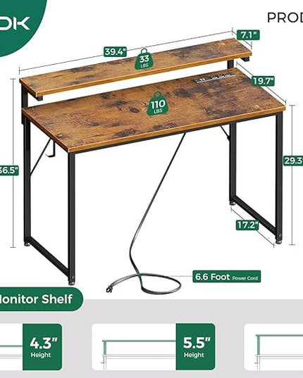 AODK Small Desk, 40 Inch Gaming Desk with LED Lights and Power Outlet, Computer Desk with Adjustable Monitor Shelf (3 Heights), Home Office Table Study Desk Compact Desk for Small Space, Rustic Brown - LeafyLoom