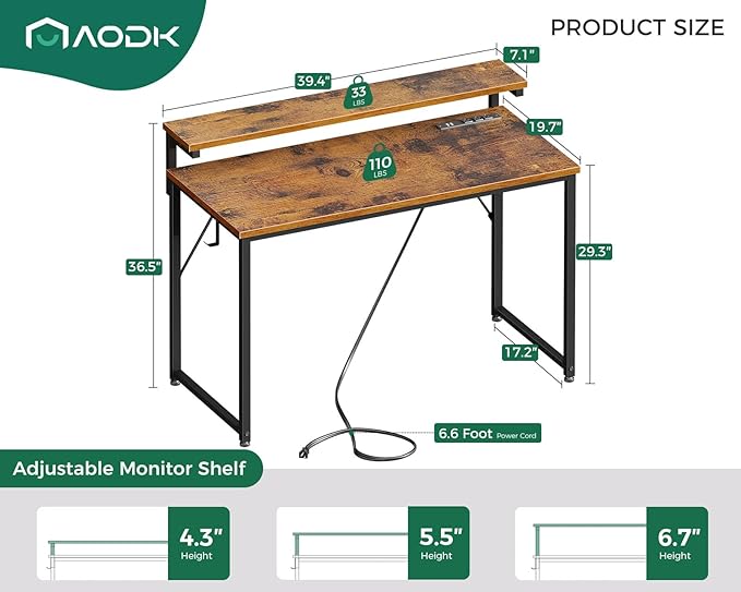 AODK Small Desk, 40 Inch Gaming Desk with LED Lights and Power Outlet, Computer Desk with Adjustable Monitor Shelf (3 Heights), Home Office Table Study Desk Compact Desk for Small Space, Rustic Brown - LeafyLoom
