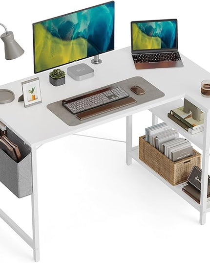 BANTI L Shaped Small Computer Desk with Storage Shelves, 55" Home Office Small Corner Desk Study Writing Table, White - LeafyLoom