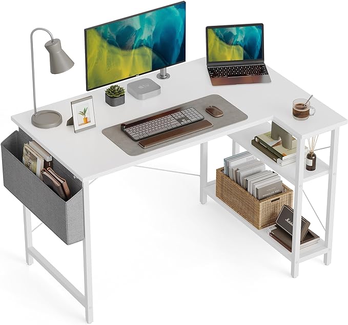 BANTI L Shaped Small Computer Desk with Storage Shelves, 55" Home Office Small Corner Desk Study Writing Table, White - LeafyLoom