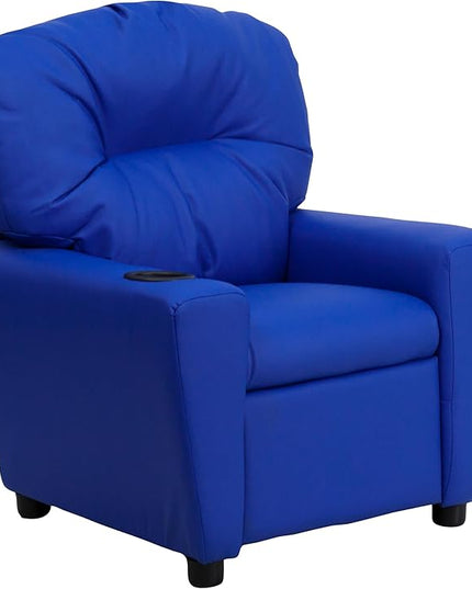 Flash Furniture Chandler Vinyl Kids Recliner with Cup Holder and Safety Recline, Contemporary Reclining Chair for Kids, Supports up to 90 lbs., Blue - LeafyLoom