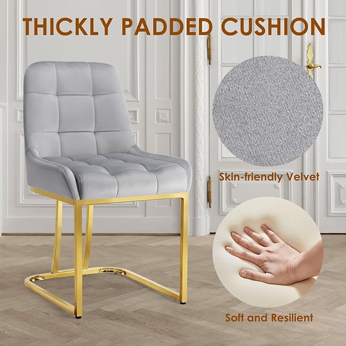 STARY Upholstered Velvet Armless Dining Room Chairs with Gold Metal Legs for Kitchen Restaurant, Gray- Set of 2 - LeafyLoom