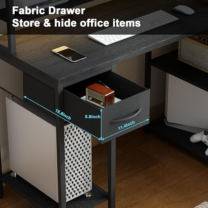 TOARTi 47" L Shaped Computer Desk with Hutch, Office Writing Desk with Power Outlets&LED Ligtht, Gaming Corner Desk with Long Monitor Shelf for Home Office, Classic Black - LeafyLoom