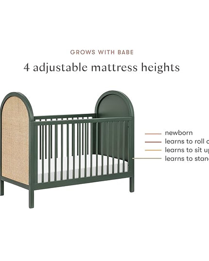 babyletto Bondi Cane 3-in-1 Convertible Crib with Toddler Bed Conversion Kit in Forest Green with Natural Cane, Greenguard Gold Certified - LeafyLoom