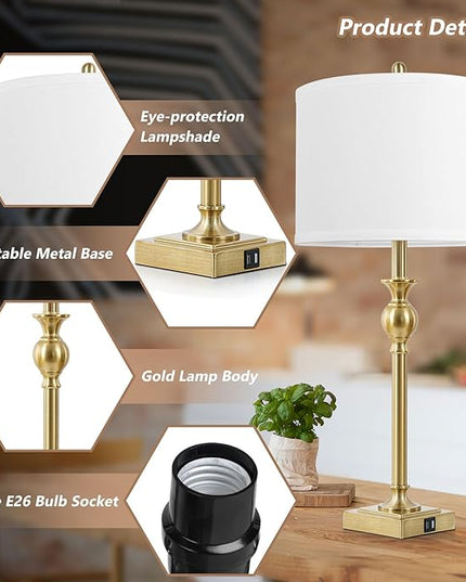 TOBUSA 28” Gold Table Lamps Set of 2, Tall Bedside lamps with Dual USB Charging Ports, Modern Nightstand Lamps with Square Brass Base and White Fabric Shade for Living Room, Bedroom(No E26 Bulbs) - LeafyLoom