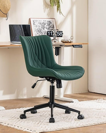 YOUTASTE Dark Green Office Chair Modern Armless Desk Chair with Wheels, Adjustable Swivel Rocking Rolling Computer Gaming Chair, Upholstered Faux Leather Sewing Chairs with Back - LeafyLoom