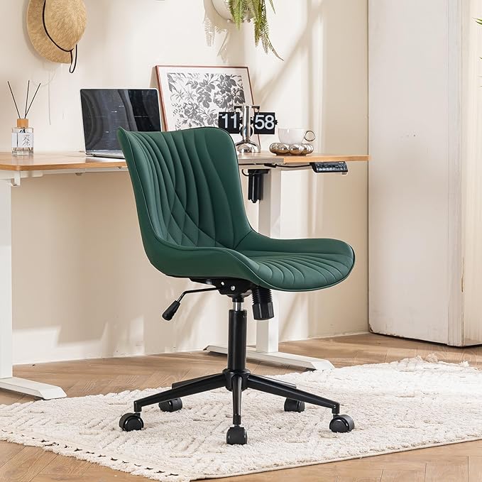 YOUTASTE Dark Green Office Chair Modern Armless Desk Chair with Wheels, Adjustable Swivel Rocking Rolling Computer Gaming Chair, Upholstered Faux Leather Sewing Chairs with Back - LeafyLoom