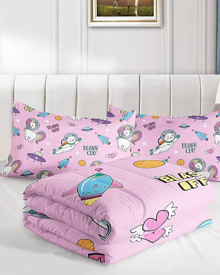 Kawaii unicorn Cat Comforter Set 3 Pieces Universe Galaxy Outer Space Bedding Set Astronaut Rocket Bed Quilt Set for Girls Boys Kids Pink - LeafyLoom