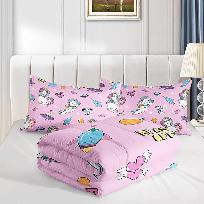 Kawaii unicorn Cat Comforter Set 3 Pieces Universe Galaxy Outer Space Bedding Set Astronaut Rocket Bed Quilt Set for Girls Boys Kids Pink - LeafyLoom