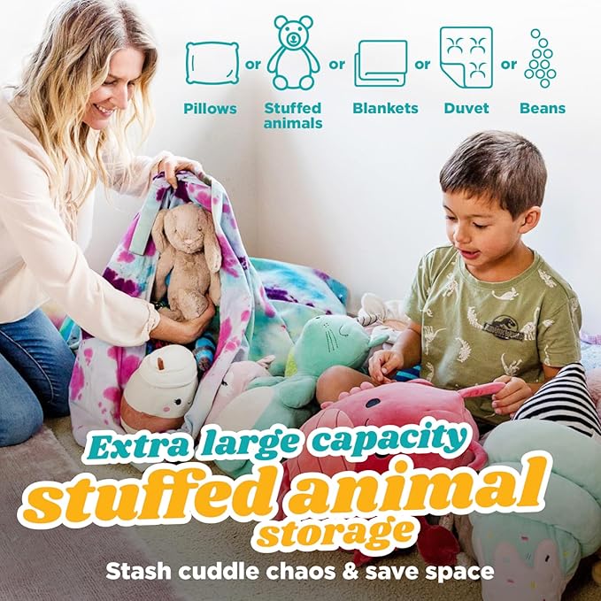 Stuffed Animal Storage - Tie Dye Stuffed Animal Bean Bag Storage Kit, Plushies Storage, Extra Large Stuffed Animal Storage, Empty Bean Bag Chair For Stuffed Animals, Stuffed Animal Holder - LeafyLoom