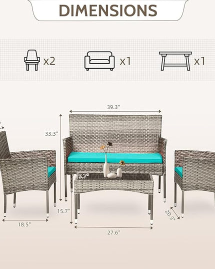 FDW Patio Conversation Set 4 Pieces Outdoor Furniture Set Wicker with Rattan Chair Loveseats Coffee Table for Outdoor Indoor Garden Backyard Porch Poolside Balcony,Gray Wicker/Blue Cushions - LeafyLoom