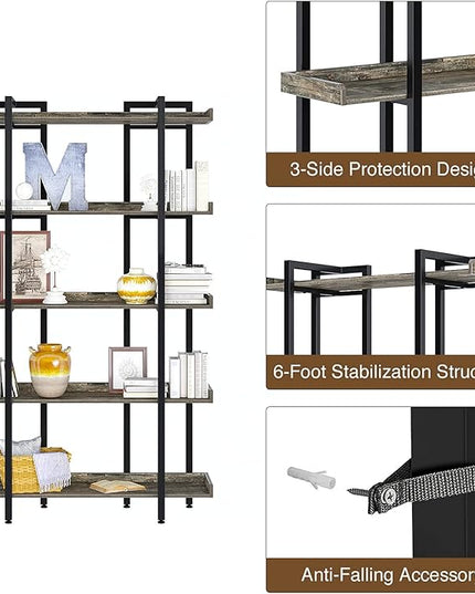 Rolanstar Book Shelf 5-Tier, 71.8’’H Tall Bookshelf for Home Office, Open Wood Display Shelves, Large Standing Bookcase with Metal for Living Room, Industrial Corner Bookshelf Grey - LeafyLoom