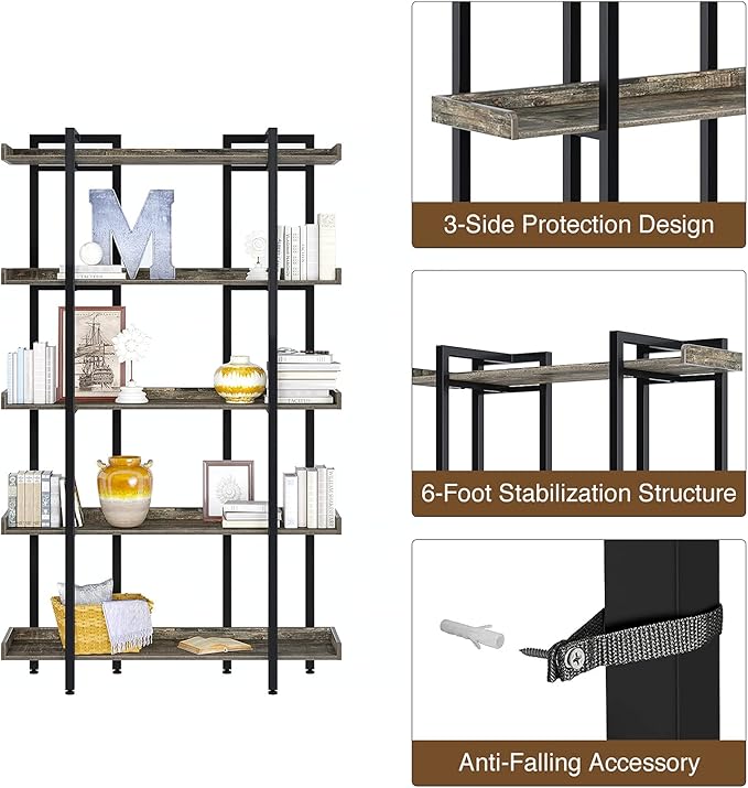 Rolanstar Book Shelf 5-Tier, 71.8’’H Tall Bookshelf for Home Office, Open Wood Display Shelves, Large Standing Bookcase with Metal for Living Room, Industrial Corner Bookshelf Grey - LeafyLoom
