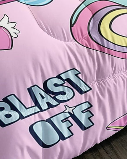 Kawaii unicorn Cat Comforter Set 3 Pieces Universe Galaxy Outer Space Bedding Set Astronaut Rocket Bed Quilt Set for Girls Boys Kids Pink - LeafyLoom