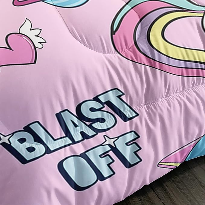Kawaii unicorn Cat Comforter Set 3 Pieces Universe Galaxy Outer Space Bedding Set Astronaut Rocket Bed Quilt Set for Girls Boys Kids Pink - LeafyLoom