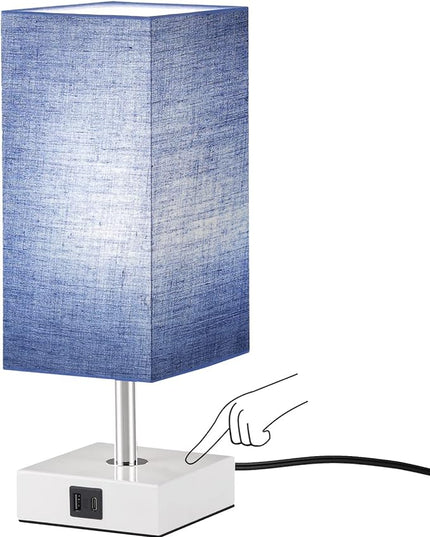 Ambimall Blue Table Lamp with USB Ports - 3 Way Touch Lamps Beside Desk, Nightstand Lamp for Bedrooms Living Room, Blue Shade with White Base, LED Bulb Included(Blue) - LeafyLoom