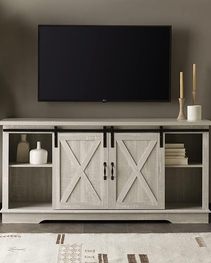 Walker Edison Richmond Modern Farmhouse Sliding Barn Door TV Stand for TVs up to 65 Inches, 58 Inch, Stone Grey - LeafyLoom