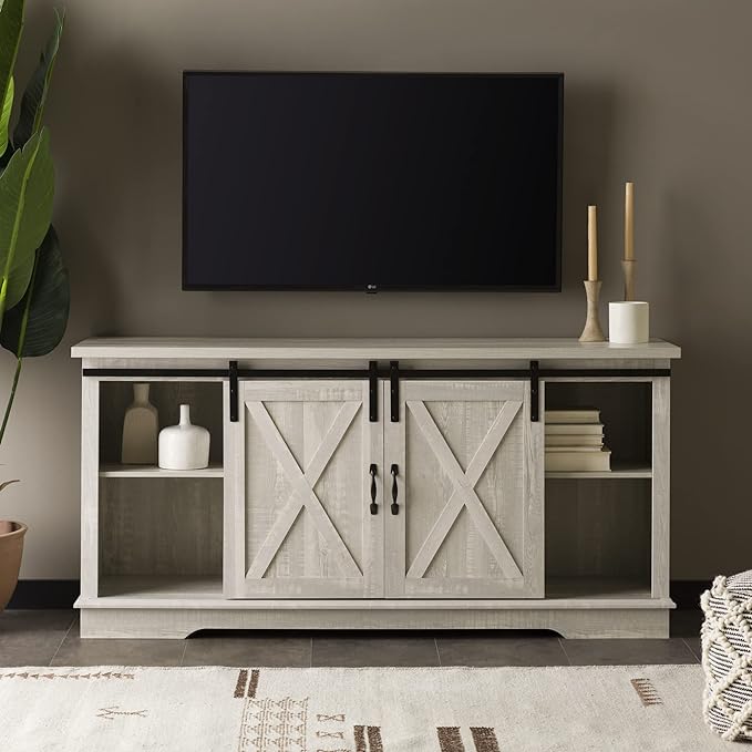 Walker Edison Richmond Modern Farmhouse Sliding Barn Door TV Stand for TVs up to 65 Inches, 58 Inch, Stone Grey - LeafyLoom