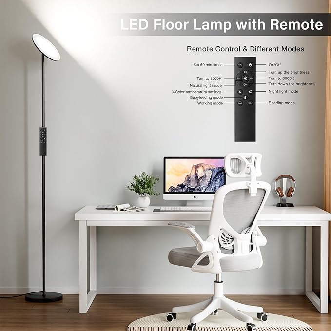 Modern LED Floor Lamp - Remote & Touch Control, 40W/2400LM Sky Torchiere Standing Lamp, Fully Dimmable, 3 Color Temperatures, Ideal for Living Room & Bedroom, Easy to Assemble - LeafyLoom