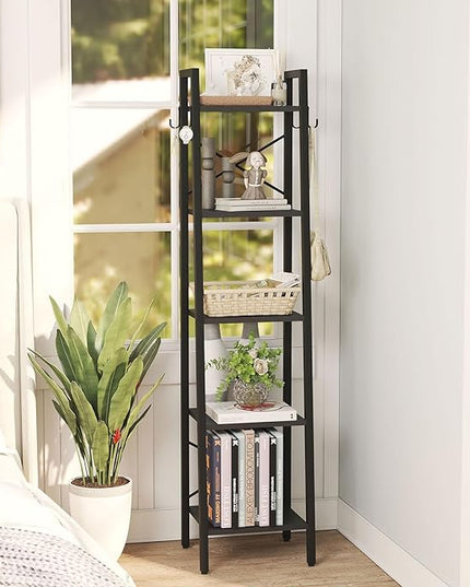 YMYNY 5 Tiers Ladder Bookcase, Industrial Narrow Bookshelf, Open Display Rack with 4 S Hooks, Metal Storage Shelves for Bedroom, Home Office, Living Room, Black, 63H*13.4L*11.8W, UHBC025B - LeafyLoom