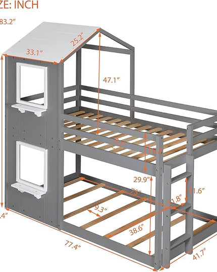 Twin Over Twin House Bed, Solid Wood Bunk Bed with Roof, Window, Guardrail and Ladder for Kids Teens Boys Girls, Ideal Bedroom Furniture, Gray - LeafyLoom
