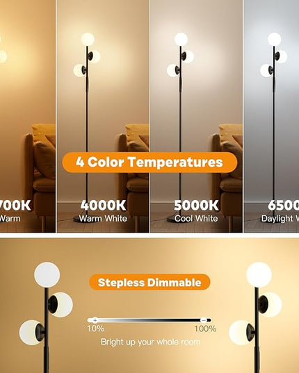 LED Floor Lamp for Living Room, 3 Globe Bright Standing Lamp with Remote, 4 Color Temterapure Dimmable Bedroom Lamp Modern Floor Lamp Tall Lamp for Bedroom/Office, 24W, 2700-6500K, Black - LeafyLoom