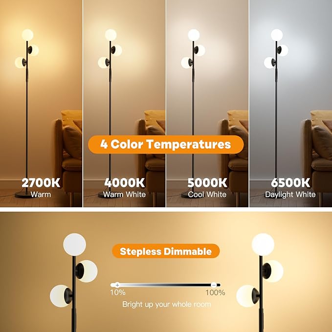 LED Floor Lamp for Living Room, 3 Globe Bright Standing Lamp with Remote, 4 Color Temterapure Dimmable Bedroom Lamp Modern Floor Lamp Tall Lamp for Bedroom/Office, 24W, 2700-6500K, Black - LeafyLoom
