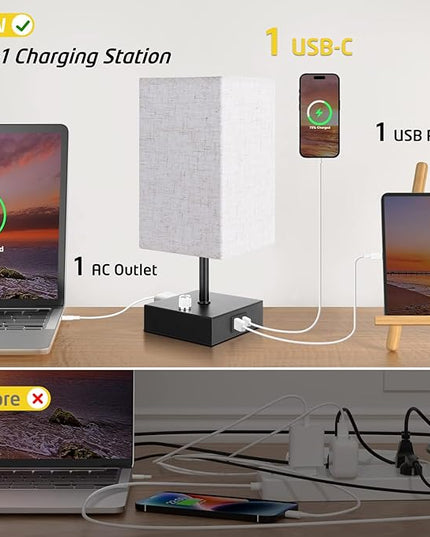 Fully Dimmable Table Lamps Set of 2,Small Table Lamp for Bedroom Kids Room, Bedside Lamp with USB C + A Ports & AC Outlet, Square Beige Fabric Shade Black Metal Base(LED Blubs Included). - LeafyLoom