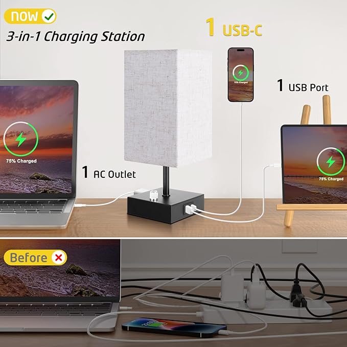 Fully Dimmable Table Lamps Set of 2,Small Table Lamp for Bedroom Kids Room, Bedside Lamp with USB C + A Ports & AC Outlet, Square Beige Fabric Shade Black Metal Base(LED Blubs Included). - LeafyLoom