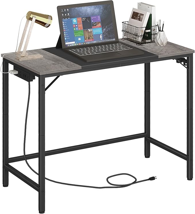 HOOBRO Computer Desk, Home Office Desk with Power Outlet, Modern Study Writing Desk with 3 Hooks for Study Room, Home Office, Sturdy and Stable, Easy to Assemble, Charcoal Gray and Black BC40UDN01 - LeafyLoom